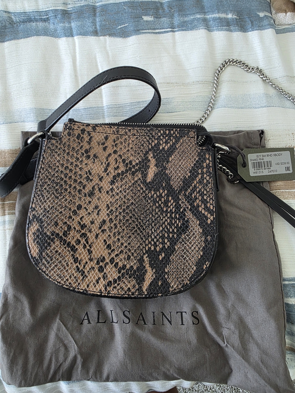 All Saints Tan & Black Snake-Print Crossbody Bag